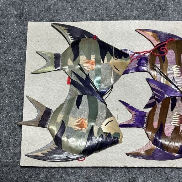Vtg Bamboo Woven Lot (12) Pastel Hanging Wall Angel Fish Ornaments 4.5” NEW! Nos - Picture 2 of 5
